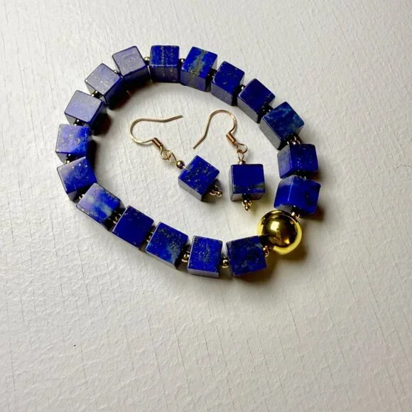 Modern Lapis Lazuli Cube Bracelet + Earrings Set - Picture 7 of 9